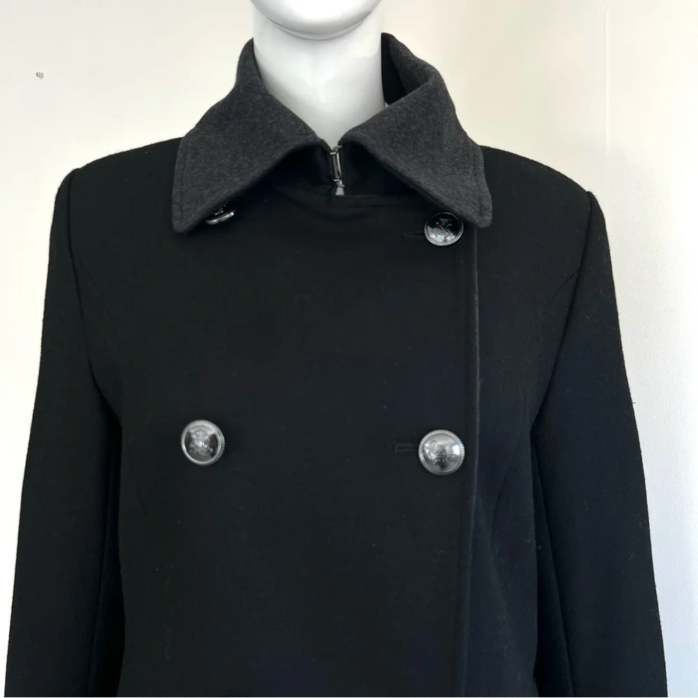 NAUTICA Women's Black Gray Trim Wool Blend Double Breasted Button Peacoat Sz M